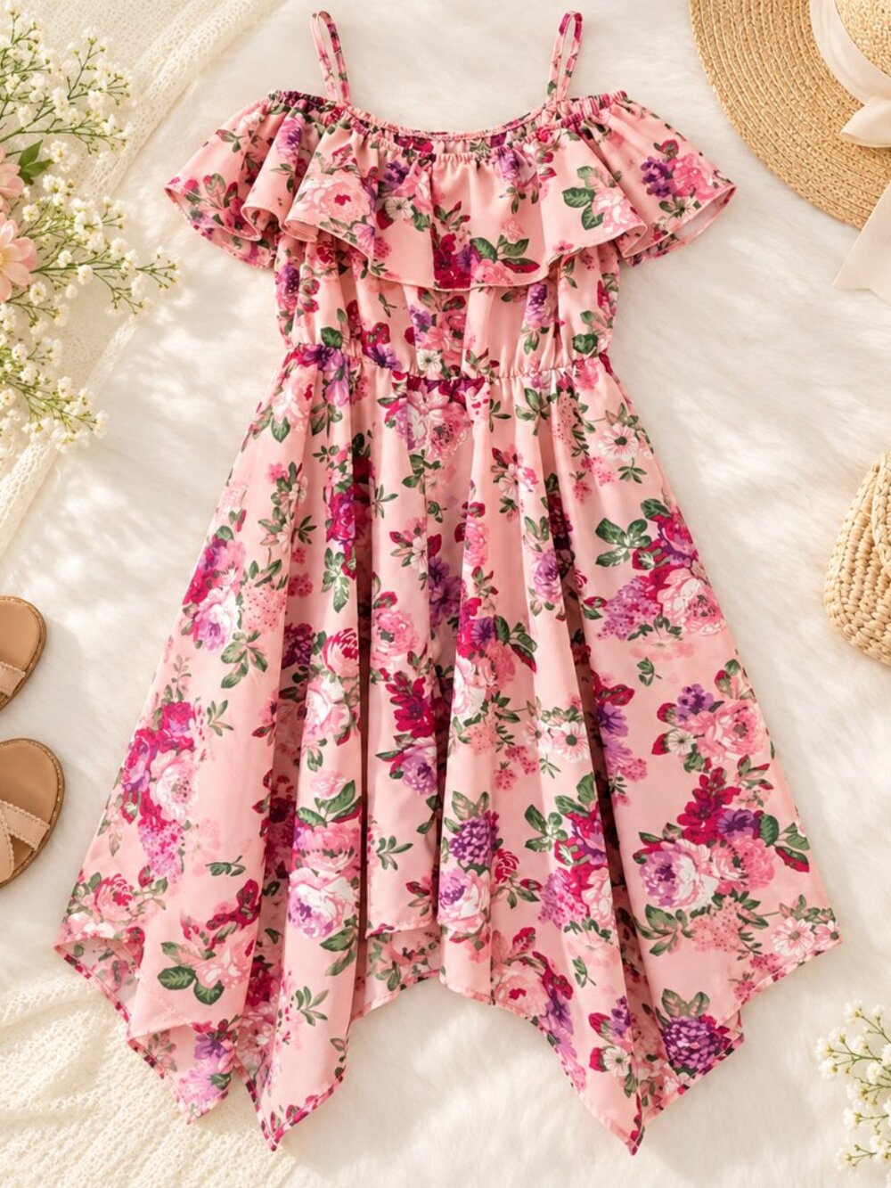 SHEIN Girls 11-12Y Pink Floral Cold Shoulder Ruffle High Low Dress